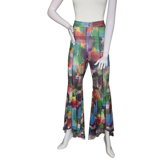 Mango Sheer Flare Pants Size L Multicolor Hidden Zipper on Back. - Picture 1 of 16
